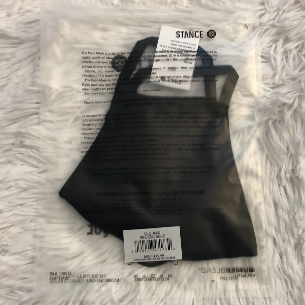 Stance Solid Black One Size Fits All Face Mask New in Package!